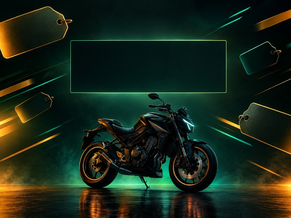 A charcoal and lime Black Friday poster with a motorcycle silhouette and abstract price tags