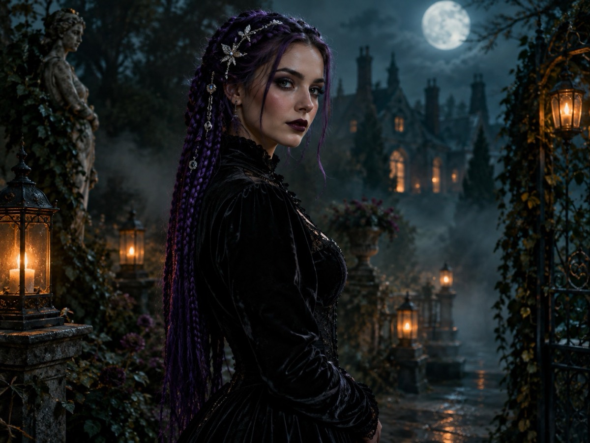 Editorial Halloween portrait with violet braids, black velvet and silver accessories in a moonlit garden