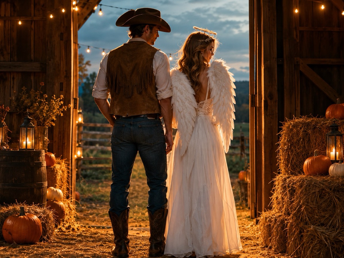 Two people in a coordinated cowboy and angel costume in a warm barn doorway
