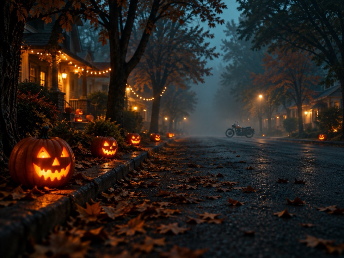 A misty suburban street at dusk lined with glowing jack-o’-lanterns and warm porch lights