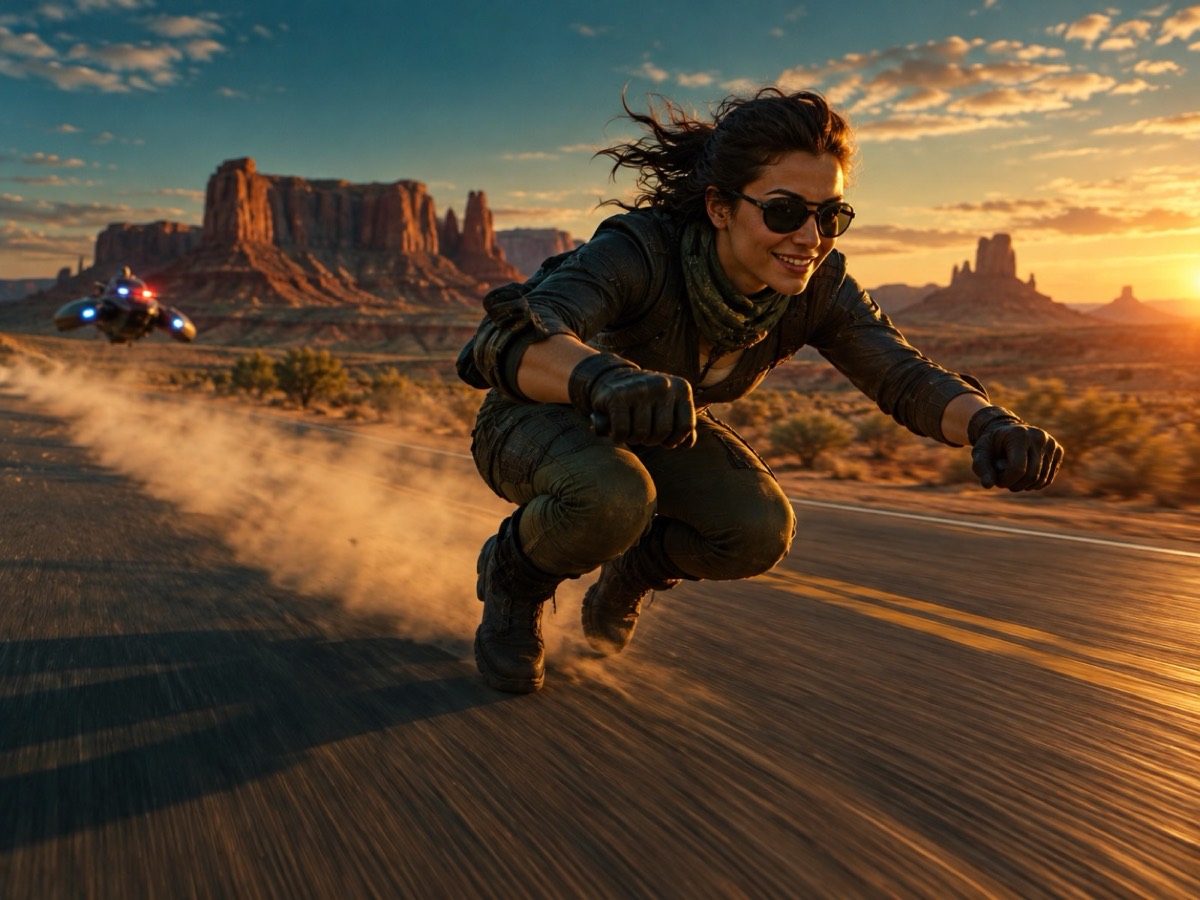 A cinematic rider crouching on an invisible motorcycle at dusk with a hover-bike behind