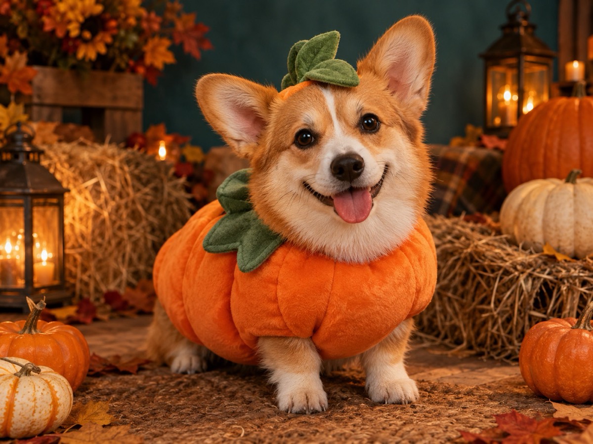 A small dog in a soft pumpkin costume in a warm autumn photography studio