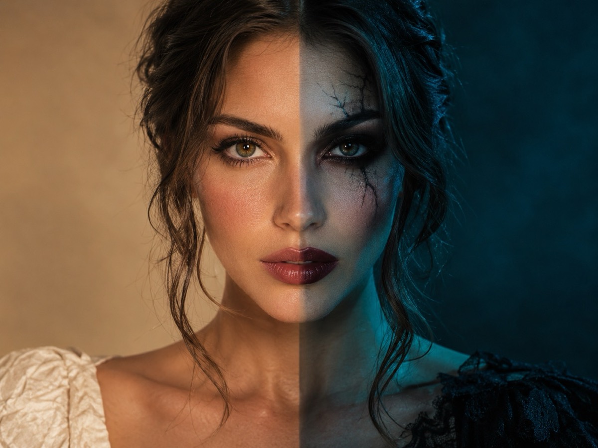 A portrait split between everyday light and cinematic Halloween makeup in teal and amber