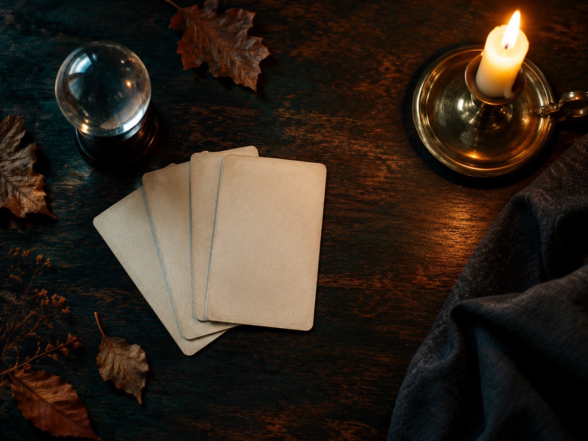 A dark table with printed prompt cards, a crystal ball and warm candlelight