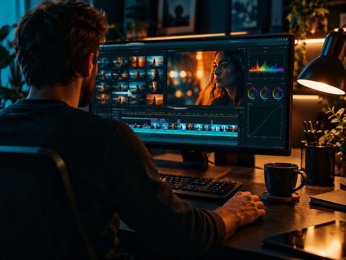 A dark editing desk with glowing video frames and a colour-graded portrait