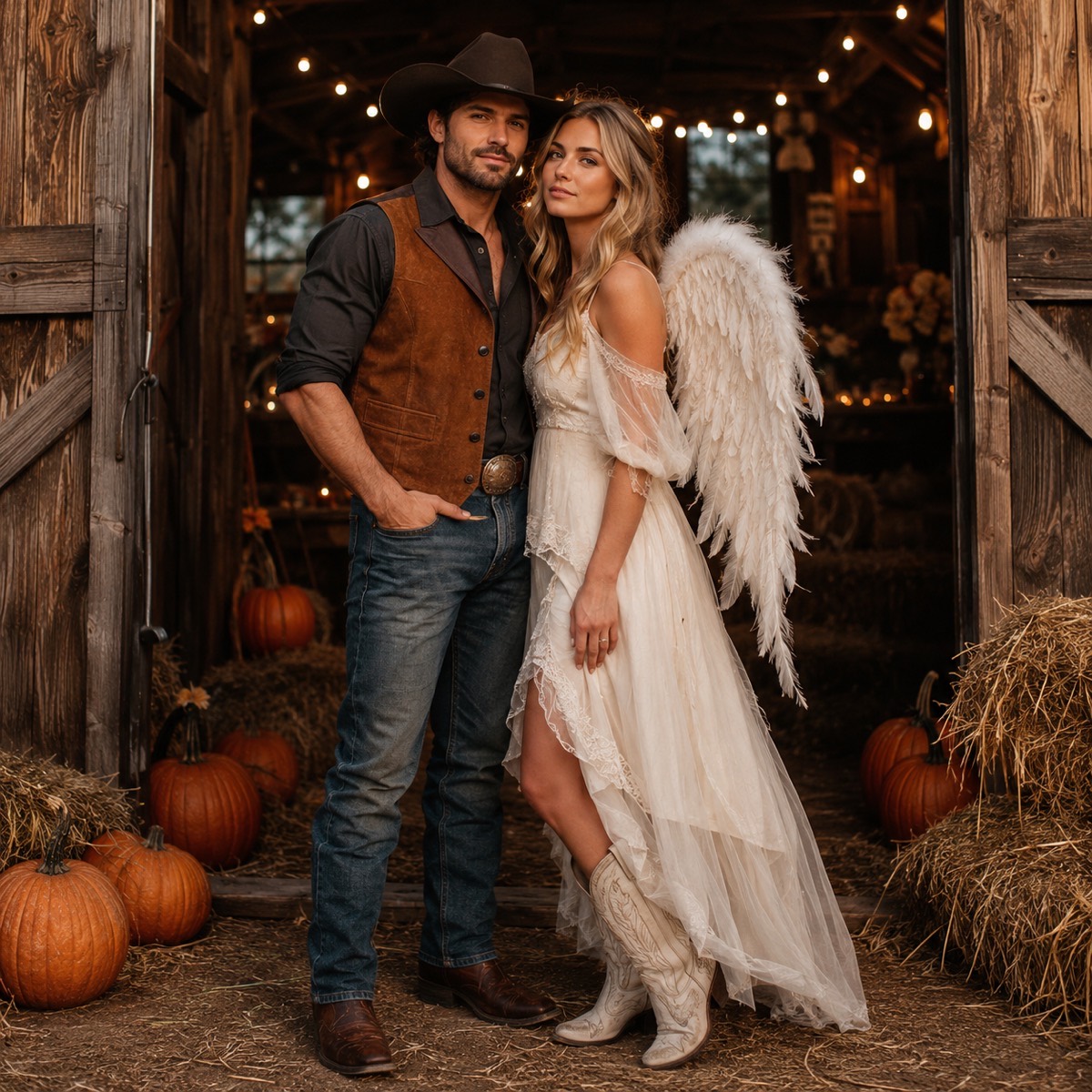 Couple in cowboy and angel costumes